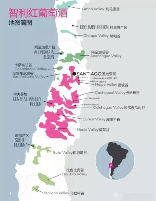 酒知识：智利葡萄酒产区有4大14小，出口的葡萄酒90%都来自于中央山谷